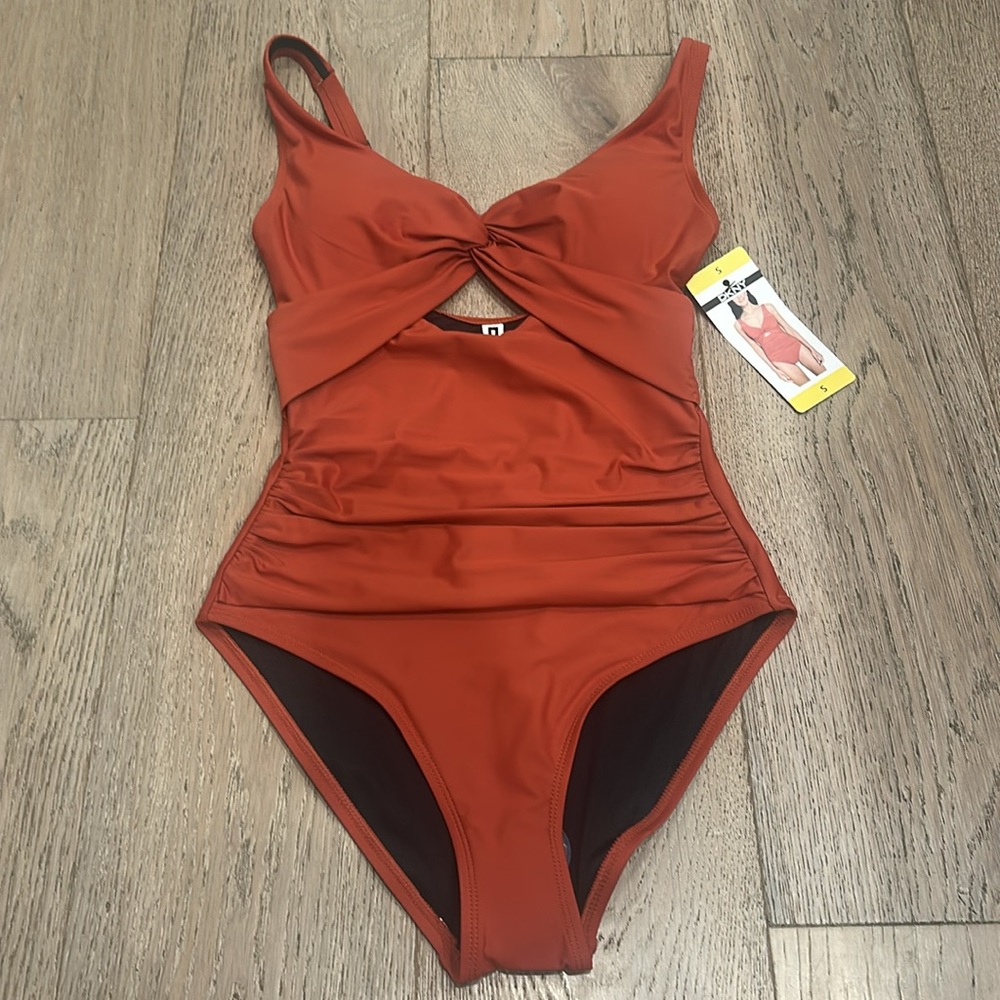 DKNY Red Shirred Keyhole Detail One-Piece Swimsuit - Picture 3 of 7